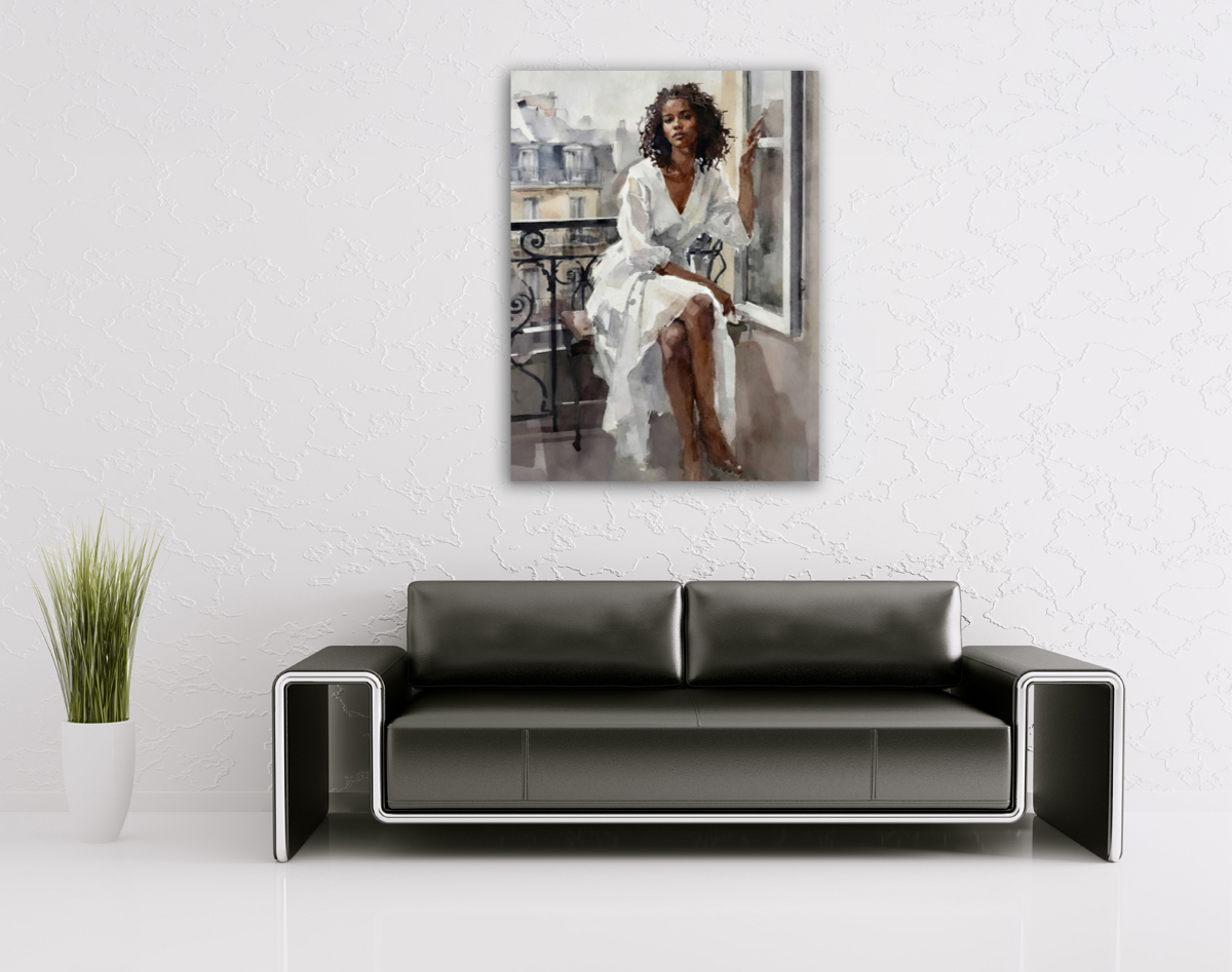 206-1874-wohnzimmer- Frau-in-weissem-Kleid-auf-dem-Balkon-art-gallery-xxl-bild